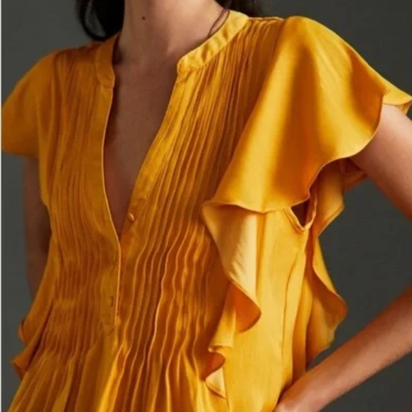 Anthropologie Ruffled Pintucked Blouse - Gold - Picture 1 of 6